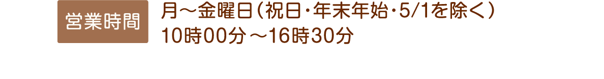 月～金曜日（祝日・年末年始・5/1を除く）9時00分～16時00分