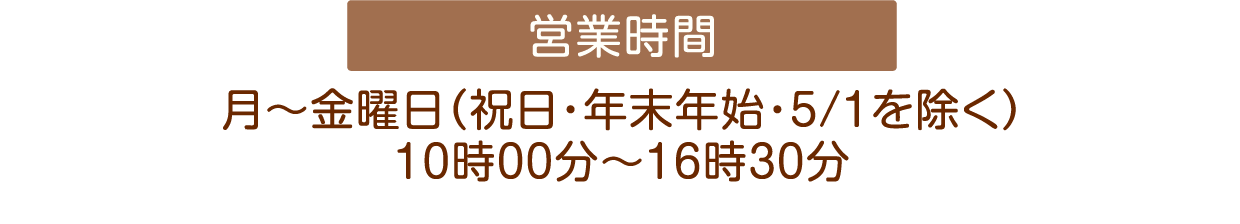 月～金曜日（祝日・年末年始・5/1を除く）9時00分～16時00分