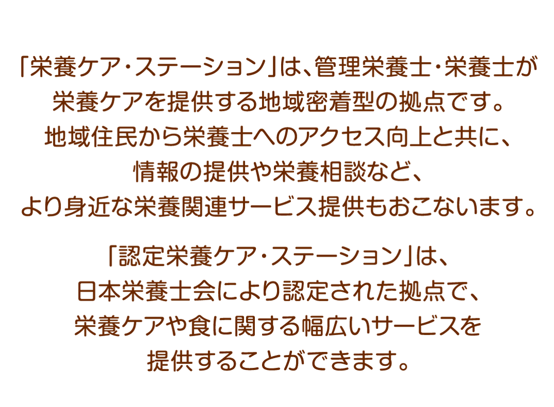 「栄養ケア・ステーション」は、管理栄養士・栄養士が栄養ケアを提供する地域密着型の拠点です。地域住民から栄養士へのアクセス向上と共に、情報の提供や栄養相談など、より身近な栄養関連サービス提供もおこないます。認定栄養ケア・ステーション」は、日本栄養士会により認定された拠点で、栄養ケアや食に関する幅広いサービスを提供することができます。