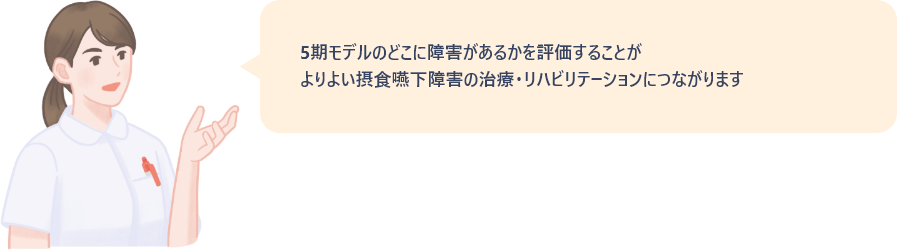 5期モデルのどこに障害があるかを評価することが、よりよい摂食嚥下障害の治療・リハビリテーションにつながります。