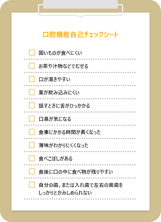 摂食嚥下障害に気づくための口腔機能自己チェックシート。