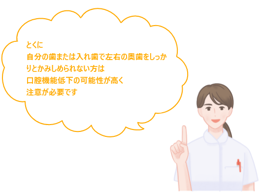 とくに自分の歯または入れ歯で左右の奥歯をしっかりとかみしめられない方は、口腔機能低下の可能性が高く注意が必要です。