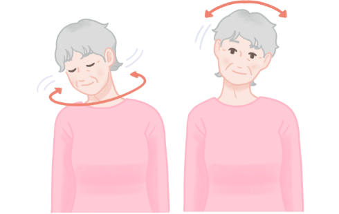 嚥下体操2、首の回旋運動。右へ1回、左へ1回まわしたら左右に1回ずつ首を曲げる。