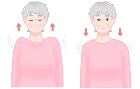 嚥下体操3、肩の上下運動。肩をすくめるように上げ、力を抜いて下す。2〜3回繰り返したら、両手をまわす、