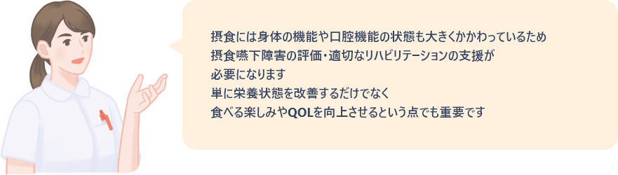 摂食には身体の機能や口腔機能の状態も大きくかかわっているため、摂食嚥下障害の評価・適切なリハビリテーションの支援が必要になります。単に栄養状態を改善するだけでなく、食べる楽しみやQOLを向上させるという点でも重要です。