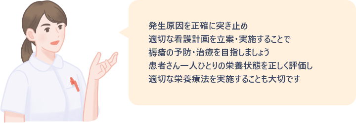 発生原因を正確に突き止め、適切な介護計画を立案・実施することで、褥瘡の予防・治療を目指しましょう。患者さん一人ひとりの栄養状態を正しく評価し、適切な栄養療法を実施することも大切です。